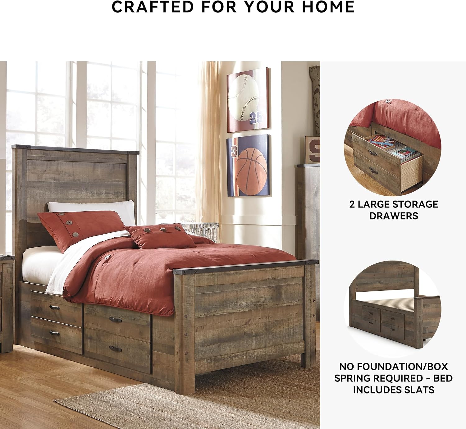 Signature Design by Ashley Trinell Casual Twin Panel Platform Bed with 2 Storage Drawers and Nailheads, Foundation or Box Spring Not Needed, Dark Brown