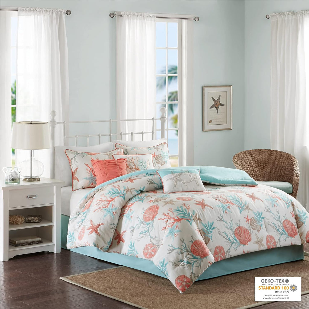 Madison Park 100% Cotton Comforter Set - Coastal Coral, Starfish Design All Season Down Alternative Cozy Bedding with Matching Shams, Decorative Pillow, California King(104'x92'), Teal 7 Piece