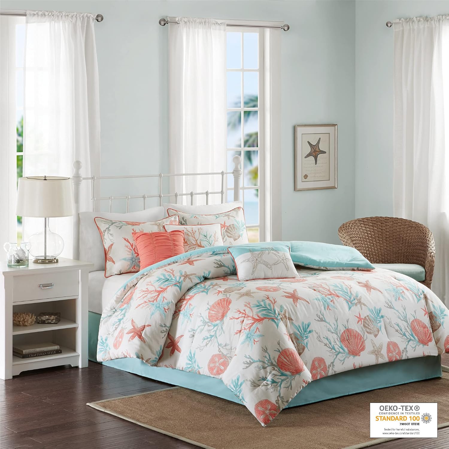 Madison Park 100% Cotton Comforter Set - Coastal Coral, Starfish Design All Season Down Alternative Cozy Bedding with Matching Shams, Decorative Pillow, Queen(90'x90'), Teal 7 Piece
