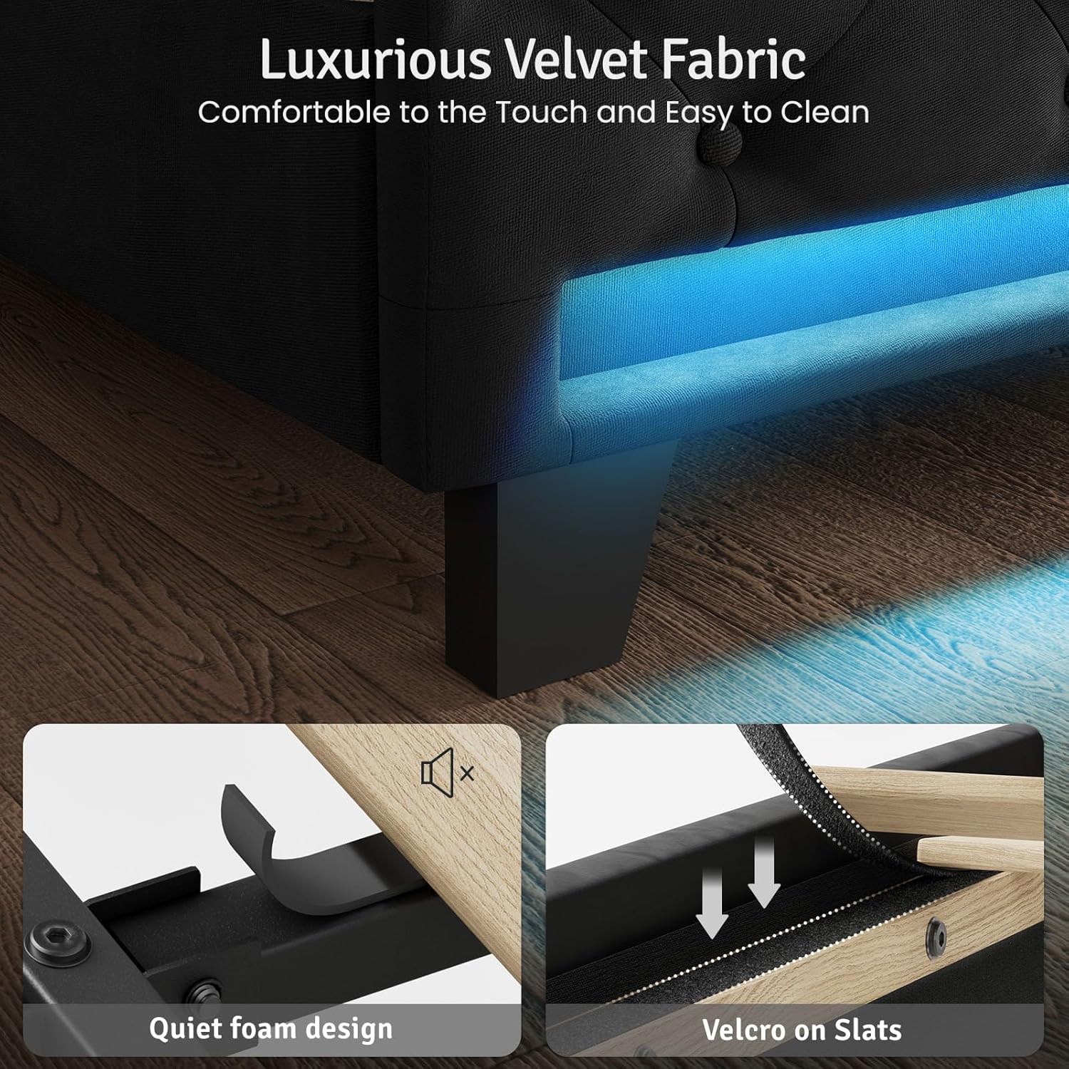 Belffin Queen Size Bed Frame with Headboard,50' Tall Headboard Upholstered Velvet Platform Bed with LED Lights & 2 USB Port/1 Type C Port, Button Tufted, No Box Spring Needed,Noise Free,Black