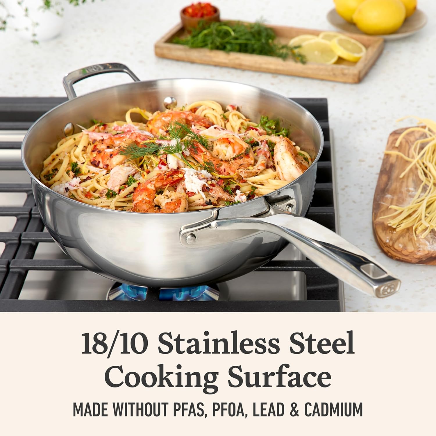 Calphalon Premier Polished 5-Ply Stainless Steel Cookware Set w/Turbo Heat Tech 4.5Qt Chef's Pan with Lid, Induction, Oven Safe 500F, PFOA Free, Polished Stainless Silver