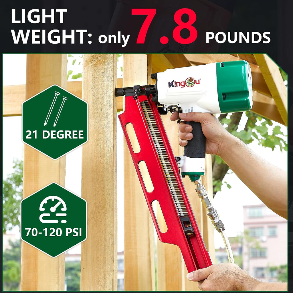 KingOu Mexican Style 21 Degree NR2183M Light Weight (7.8lb) Framing Nailer, Pneumatic Framing Nail Gun with Aluminum Magazine, 2-Inch up to 3-1/4-Inch Plastic Collated Full Head Framing Nails