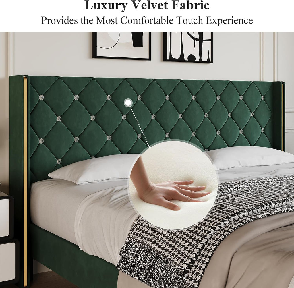 Lullabyre Queen Size Bed Frame, Upholstered Bed Frame with Diamond Tufted Headboard, Modern Silverside Wingback, No Box Spring Needed, Easy Assembly, Green