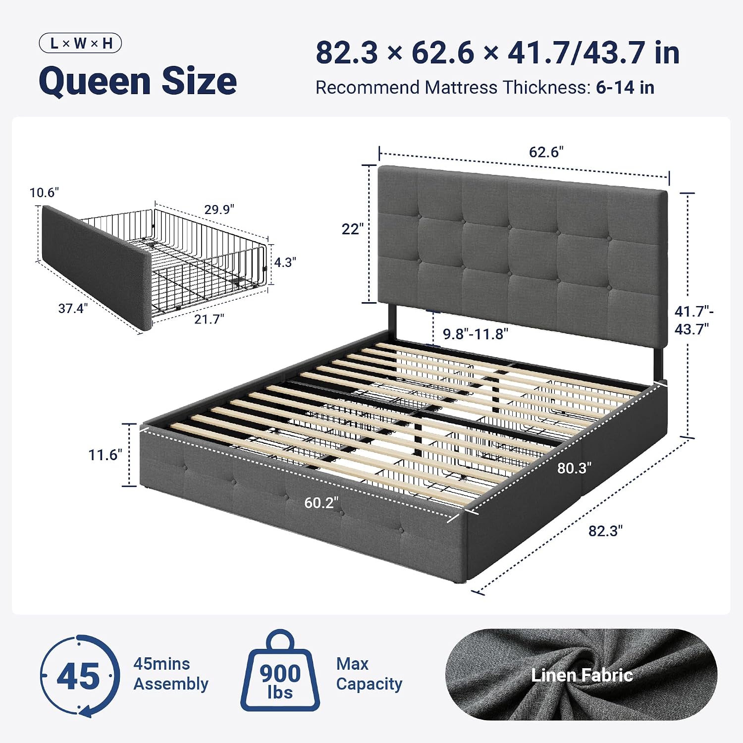Allewie Upholstered Queen Size Platform Bed Frame with 4 Storage Drawers and Headboard, Square Stitched Button Tufted, Mattress Foundation with Wooden Slats Support, No Box Spring Needed, Light Grey