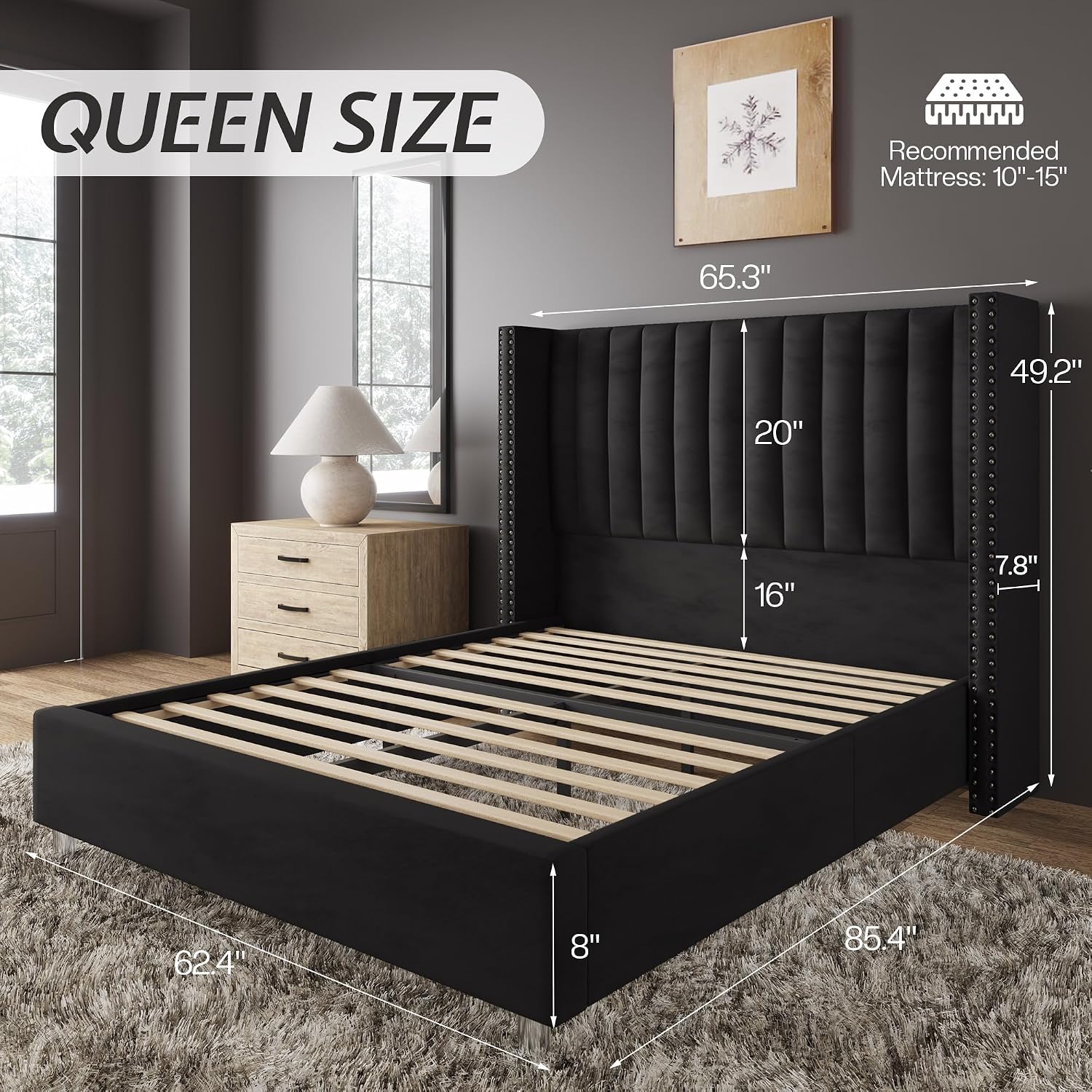 Jocisland Queen Bed Frame with 49.2' Tall Wingback Headboard,Velvet Upholstered Platform Bed for Couples,Guest Bedrooms & Apartments,No Box Spring Needed, Easy Assembly, Black