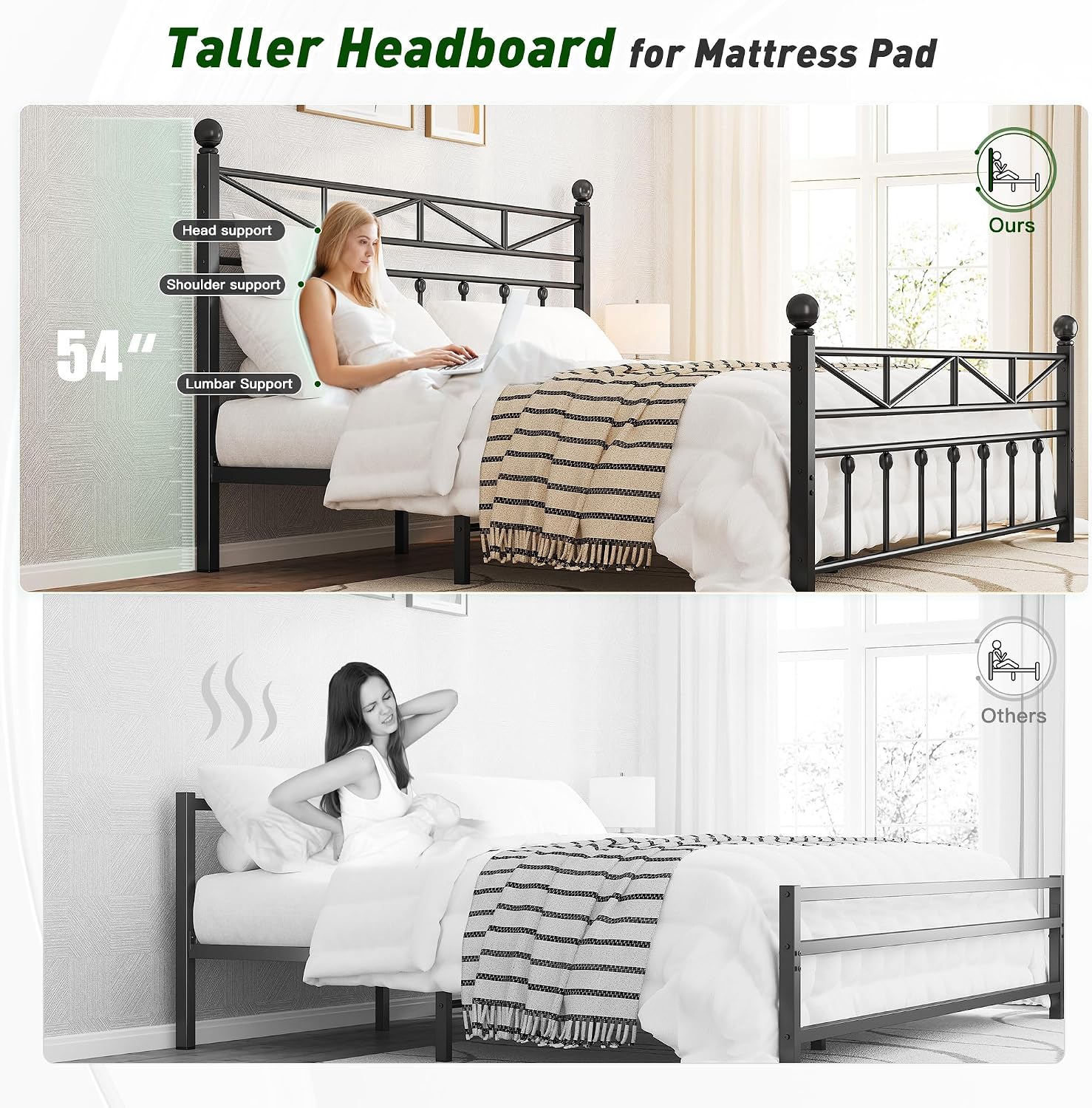 EnHomee 14.2' Metal Twin Bed Frames with Tall Headboard & Footboard, LED Light Twin Bed Frame, Strong Metal Slats Support and Noise-Free Design with Under Bed Storage/No Box Spring Needed/Black