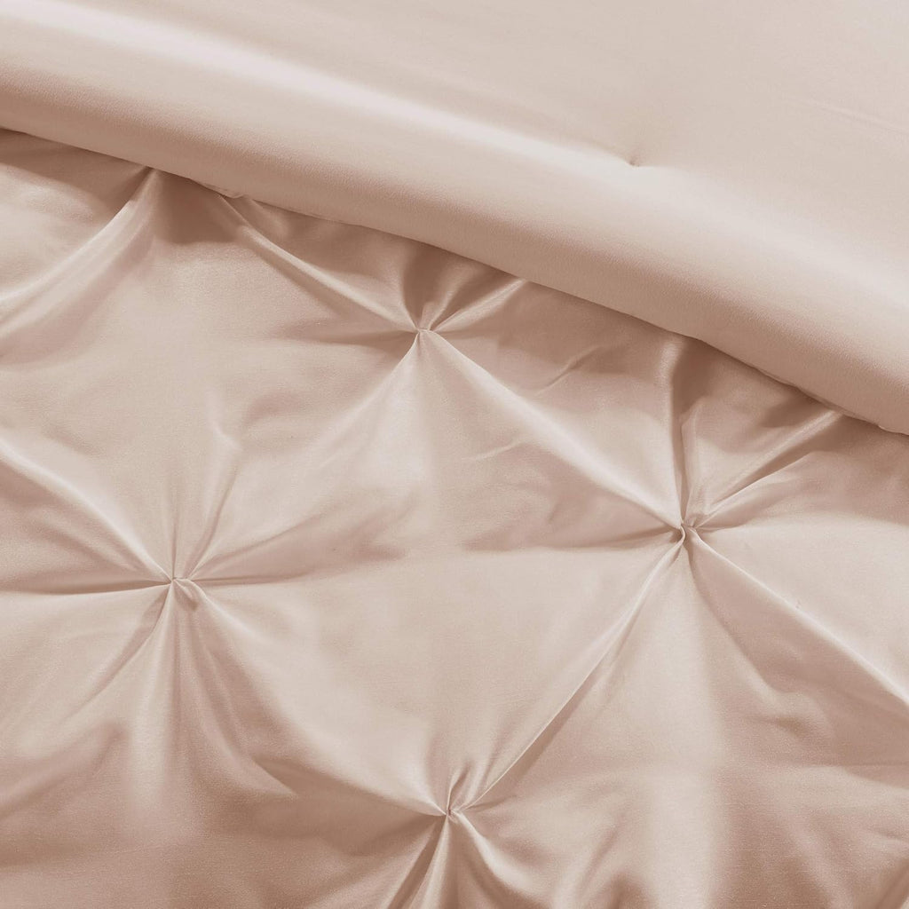 Madison Park Essentials Room in a Bag Faux Silk Comforter Set-Luxe Diamond Tufting All Season Bedding, Matching Curtains, Decorative Pillows, Queen(90'x90'), Blush 24 Piece (MPE10-809)