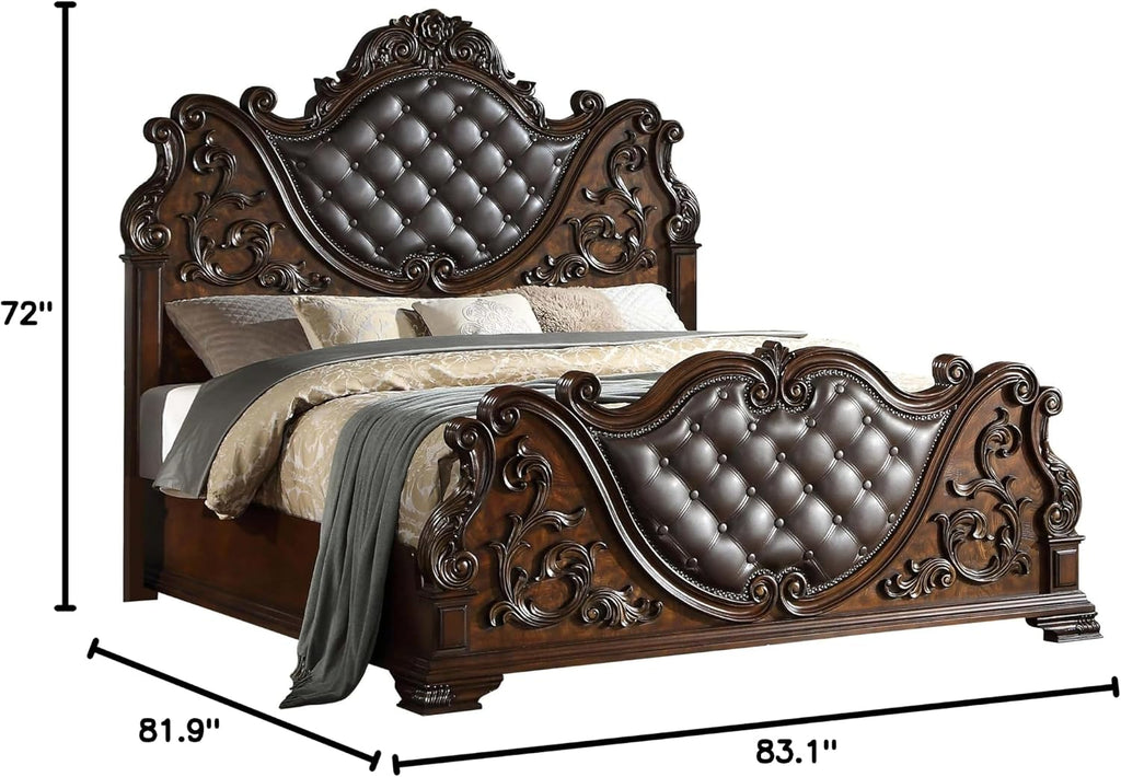 First of a Kind Cosmos Furniture Santa Monica Traditional King Bed - Cherry Finish Wood Bed with Tufted Headboard, Nail Head Trim - King Size Bed for Classic Bedroom Decor