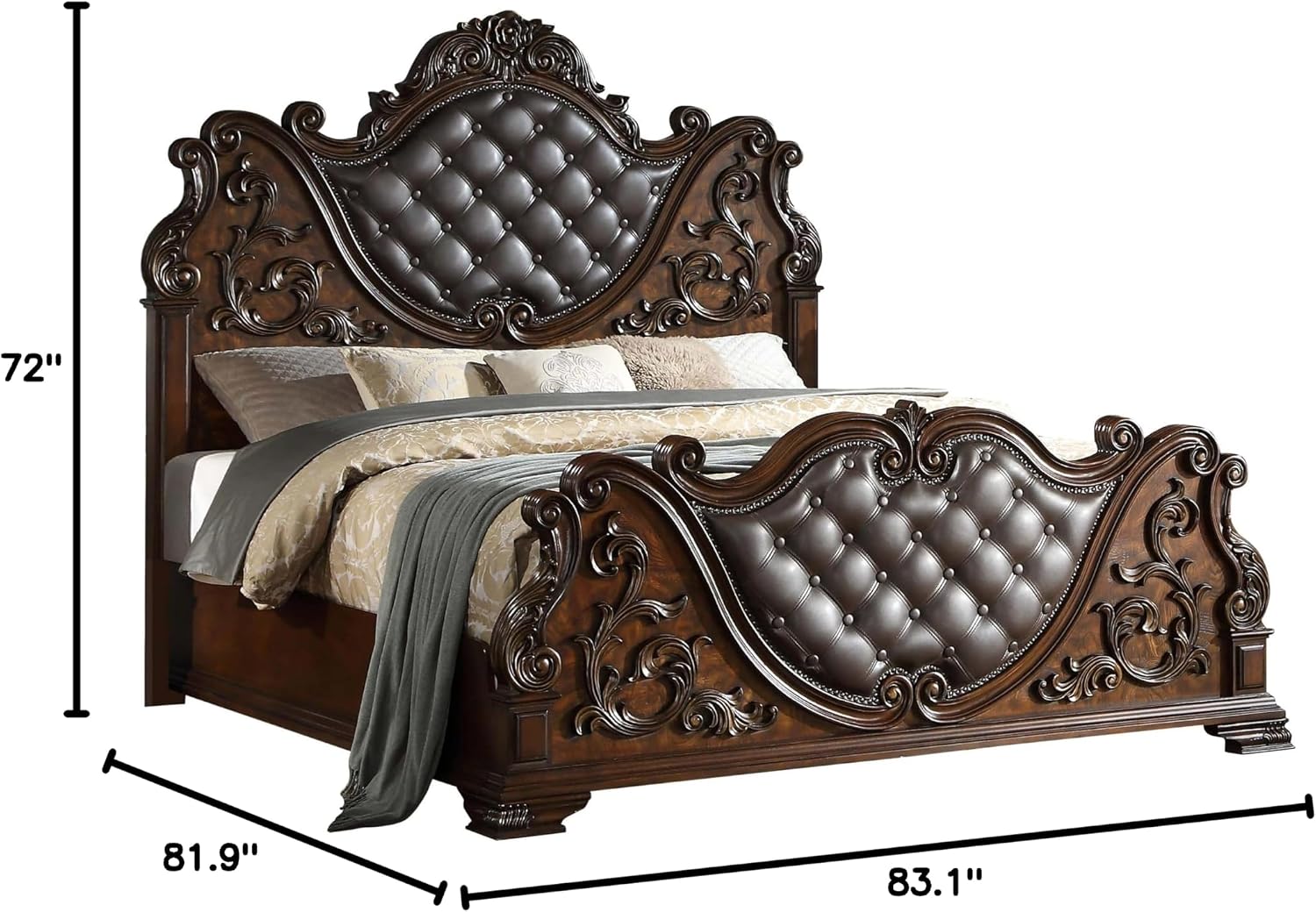 First of a Kind Cosmos Furniture Santa Monica Traditional King Bed - Cherry Finish Wood Bed with Tufted Headboard, Nail Head Trim - King Size Bed for Classic Bedroom Decor