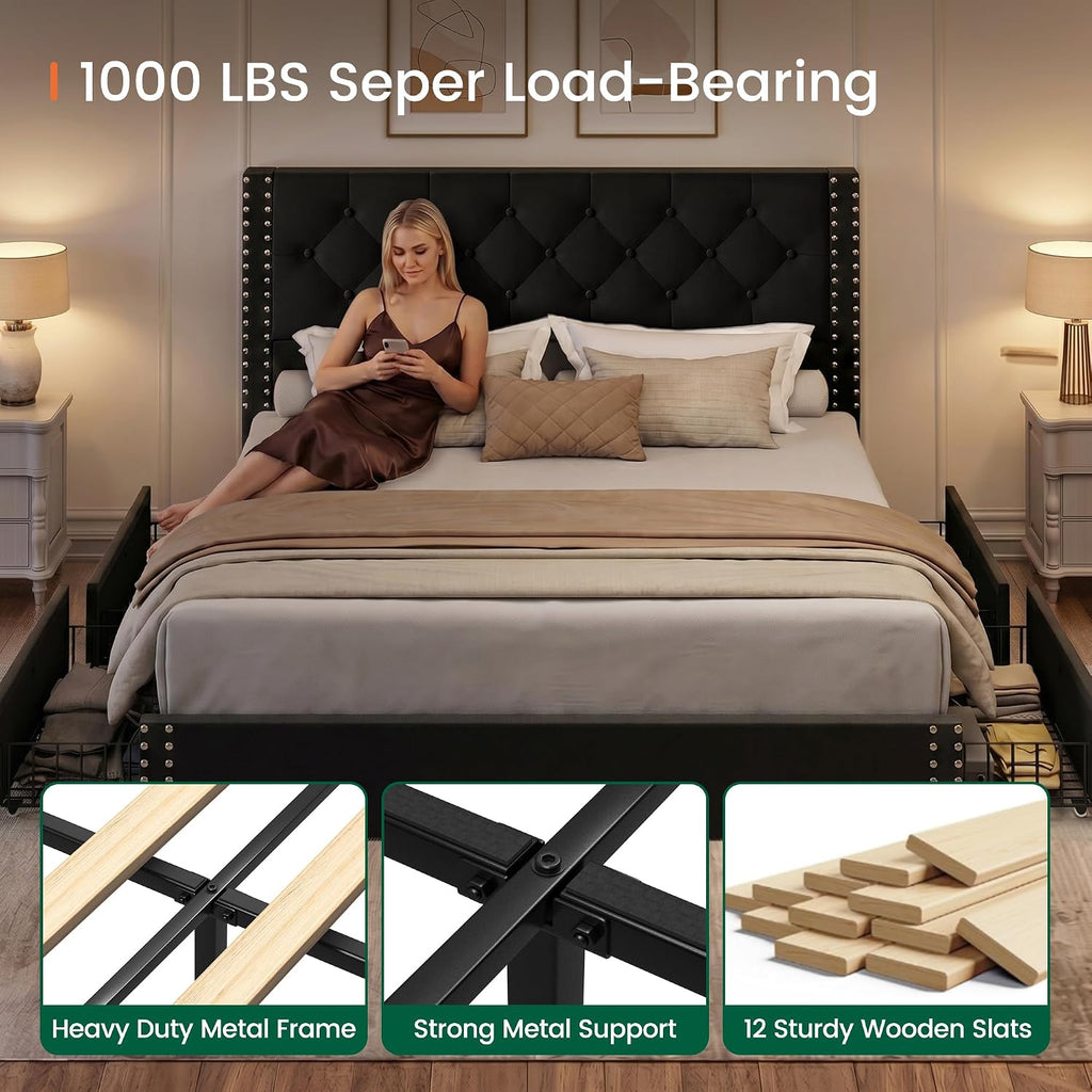 LARMACE Queen Size Platform Bed Frame with 4 Storage Drawers and Tufted Headboard Upholstered Bed Frame with Heavy Duty Wood Slats, No Box Spring Needed, Easy Assembly, Black