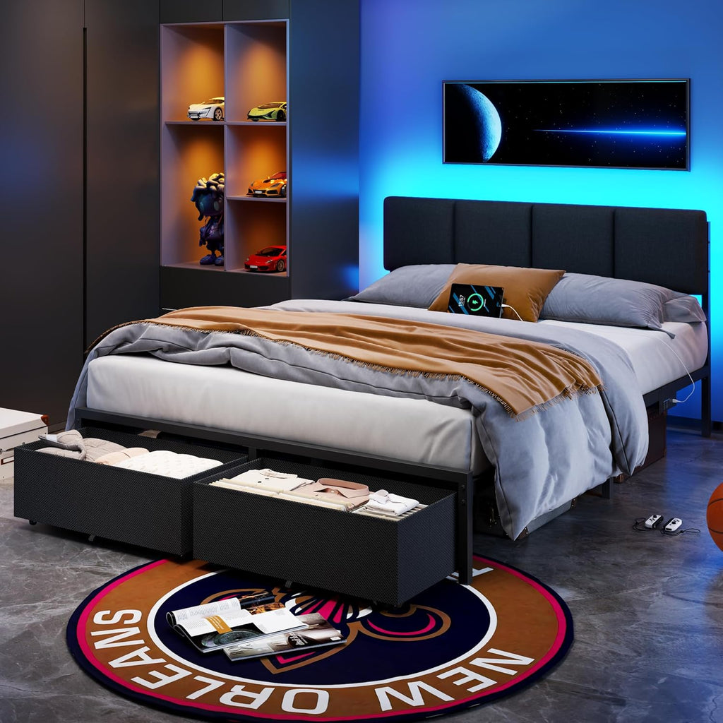 Furnulem Queen Bed Frame with Charging Station and LED Lights, Upholstered Headboard, Metal Platform Bed with 2 Fabric Storage Drawers, Noise Free, No Box Spring Needed, Gery