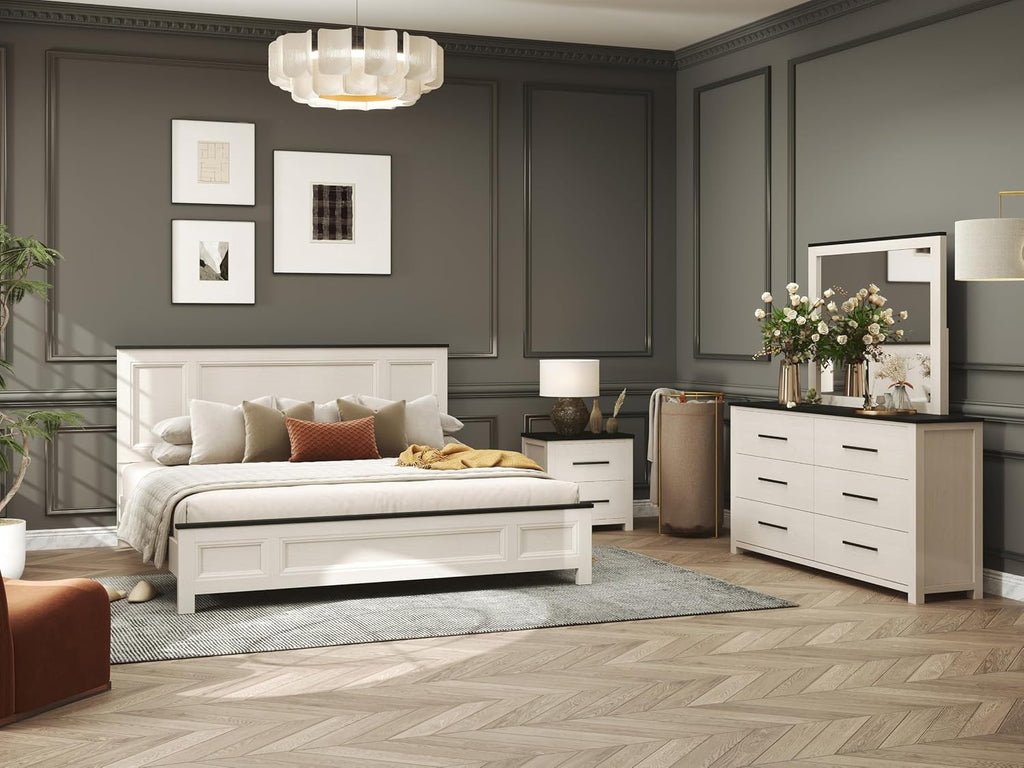 Roundhill Furniture Realynn 5-Piece Wood Bedroom Set, King Size Panel Bed with Dresser, Mirror, and 2 Nightstands, Off-White Finish