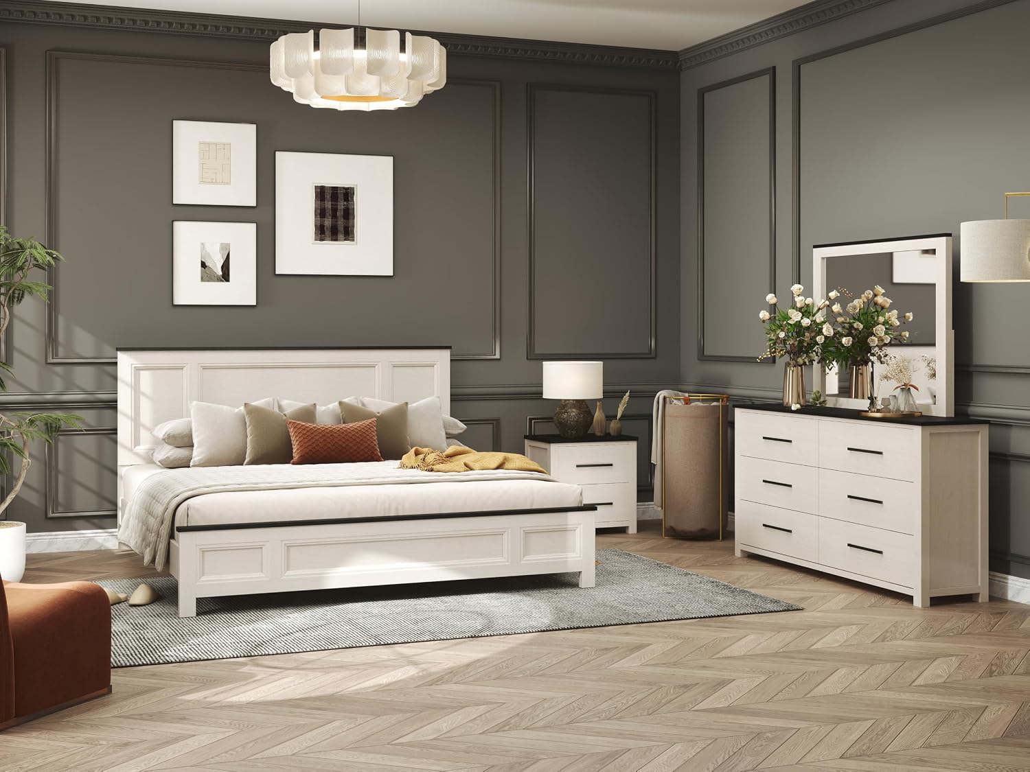 Roundhill Furniture Realynn 5-Piece Wood Bedroom Set, King Size Panel Bed with Dresser, Mirror, and 2 Nightstands, Off-White Finish