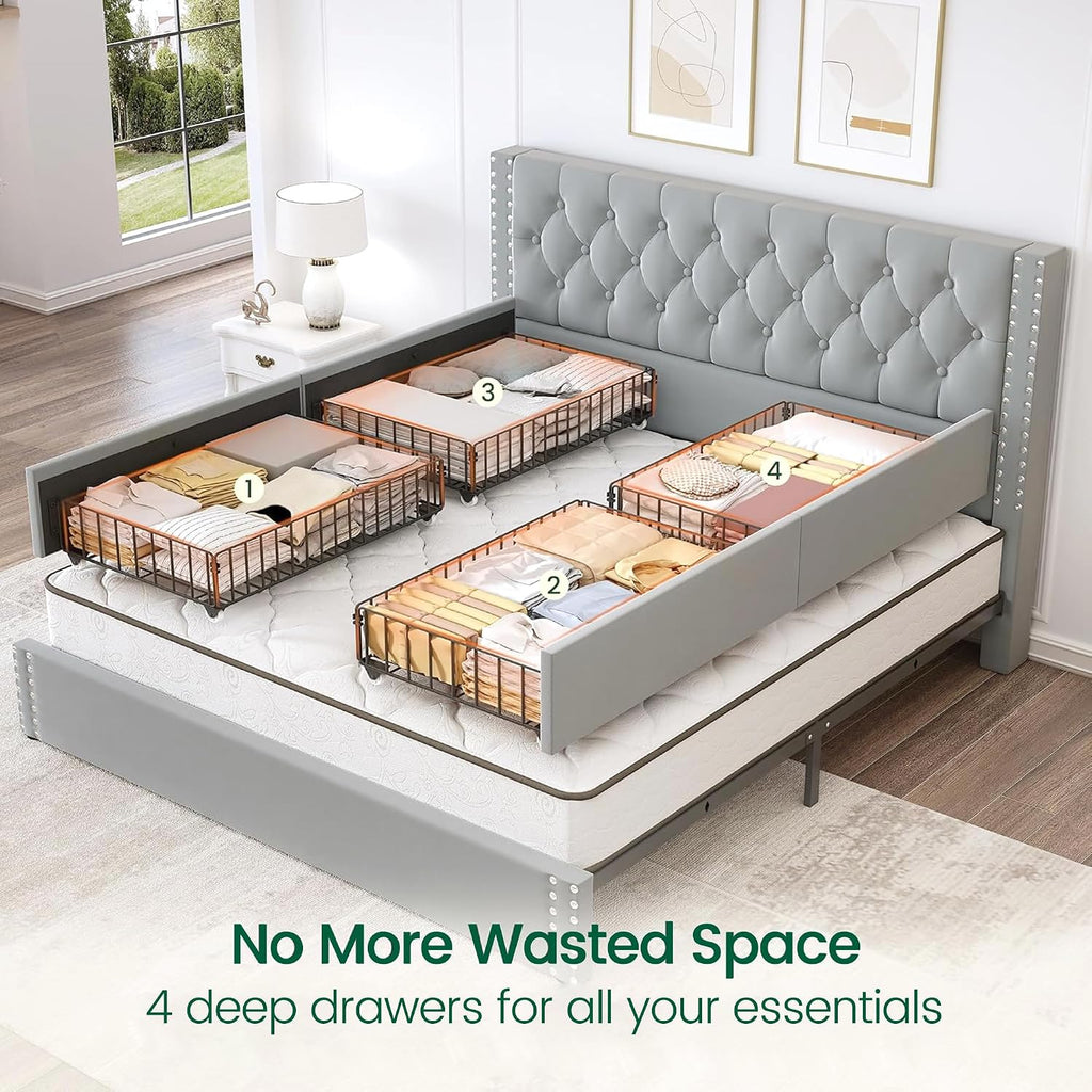 LARMACE King Size Bed Frame with 4 Storage Drawers and Tufted Headboard Velvet Upholstered Platform Bed Frame with Heavy Duty Wood Slats,No Box Spring Needed,Easy Assembly,Bluish Grey