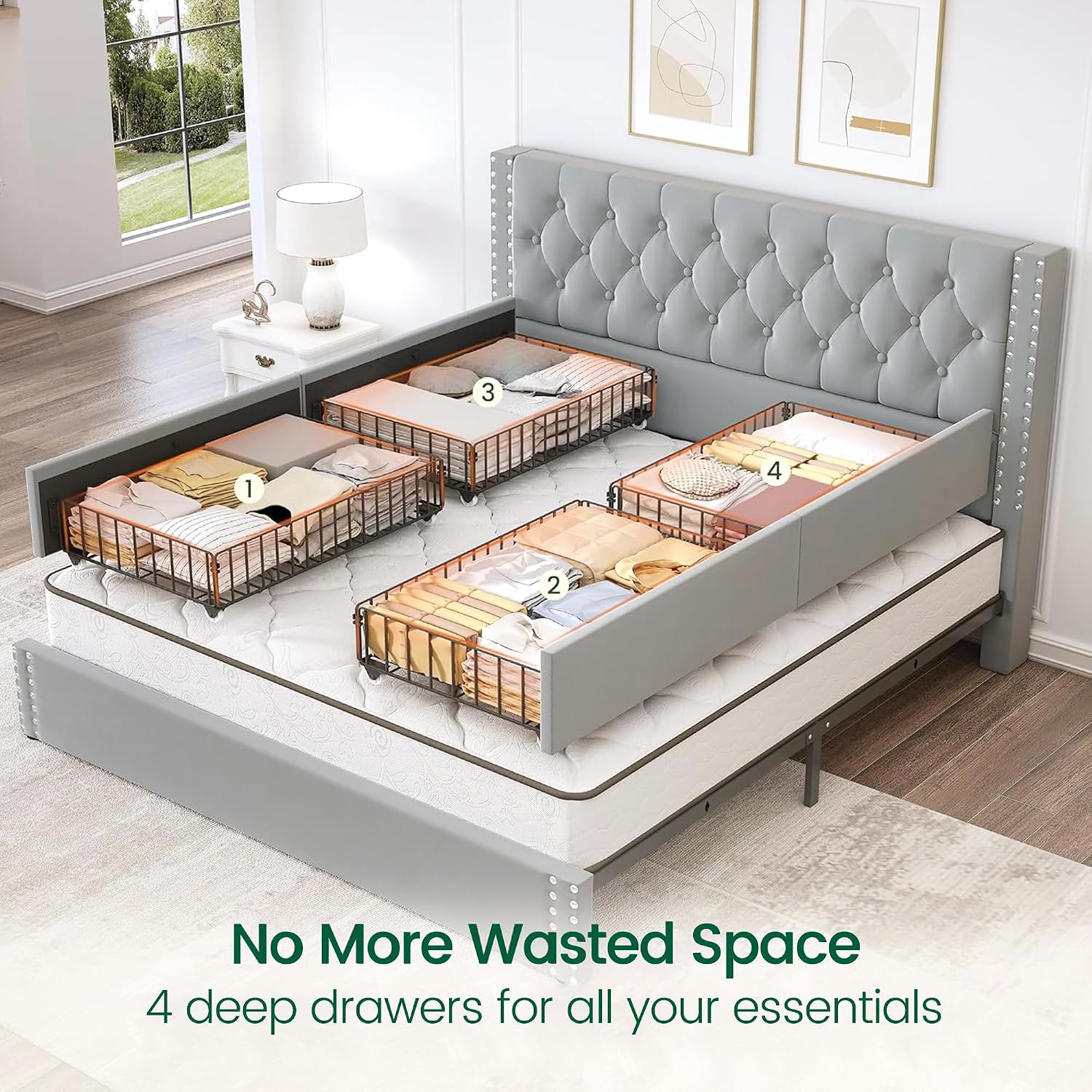LARMACE King Size Bed Frame with 4 Storage Drawers and Tufted Headboard Velvet Upholstered Platform Bed Frame with Heavy Duty Wood Slats,No Box Spring Needed,Easy Assembly,Bluish Grey