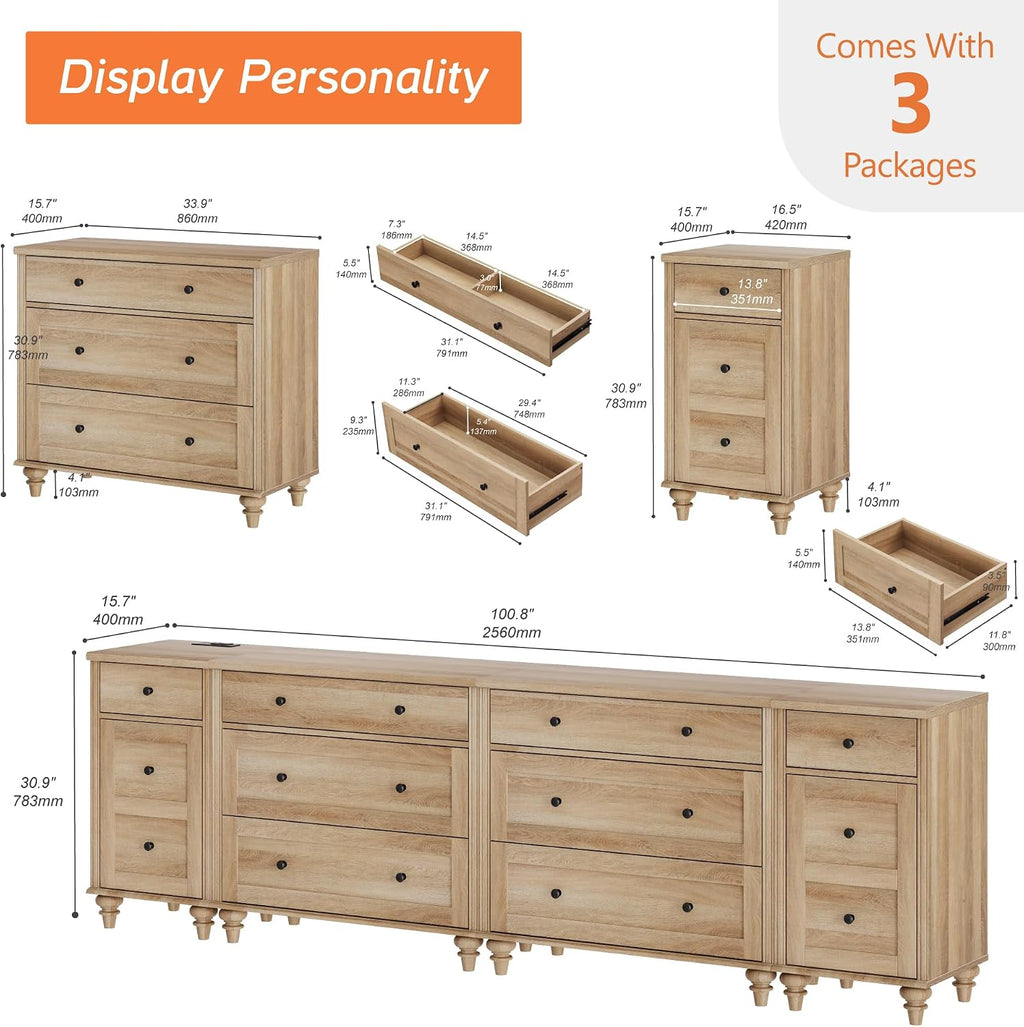 WAMPAT Dresser for Bedroom with 8 Drawers and 2 Storages, Nightstands with Charging Station for Living Room, Oak Kids Dressers with Wide 3 Chest of Drawers, for Nursery, Hallway