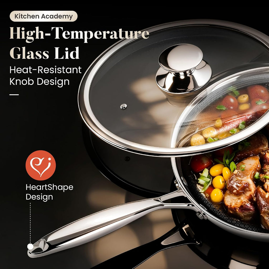 Kitchen Academy 6Pcs 18/10 Stainless Steel Frying Pan Set, 3-Ply 8/10/12 Inch Induction Ready Skillet with Lids, Dishwasher & Oven Safe, PFOA and PFAS Free