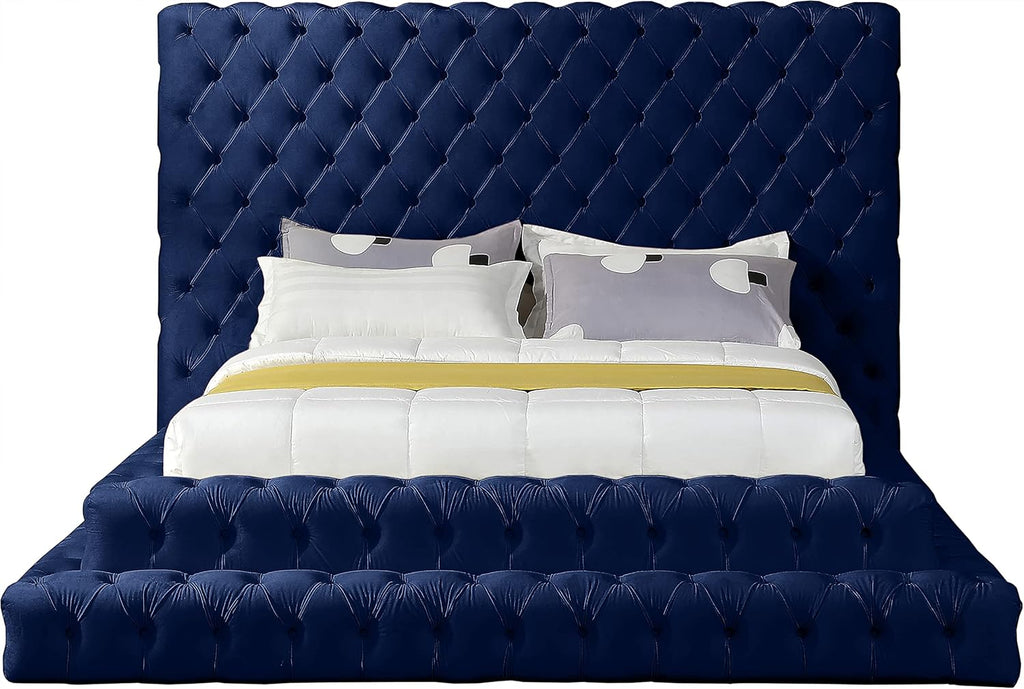 Meridian Furniture RevelNavy-Q Revel Collection Modern | Contemporary Navy Velvet Upholstered Bed with Deep Button Tufting, 85' W x 98' D x 60' H, Navy, Queen