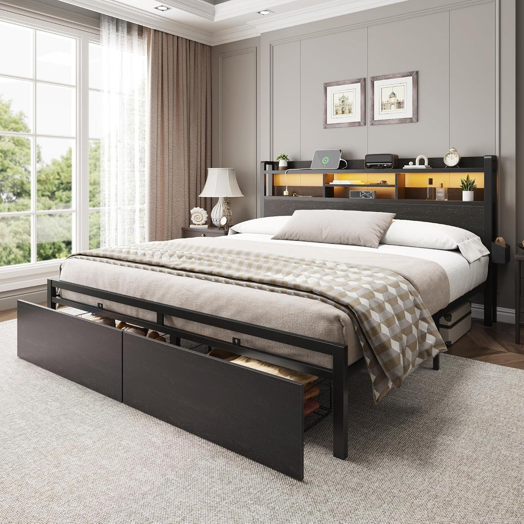 Furnulem King Bed Frame with Wood Headboard & Storage Drawers, Metal Platform Bed Frames King Size with LED Lights, Built in Charging Station, No Box Spring Needed, No Noise, Easy Assembly, Black
