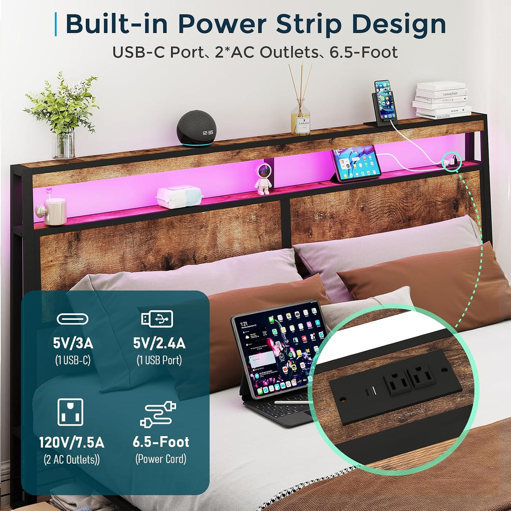 SADENICEL King Bed Frame with Storage Headboard and 4 Drawers, Metal Platform Bed Frame with LED Light, Charging Station, No Box Spring Needed, Noise Free, Easy Assembly, Vintage Brown