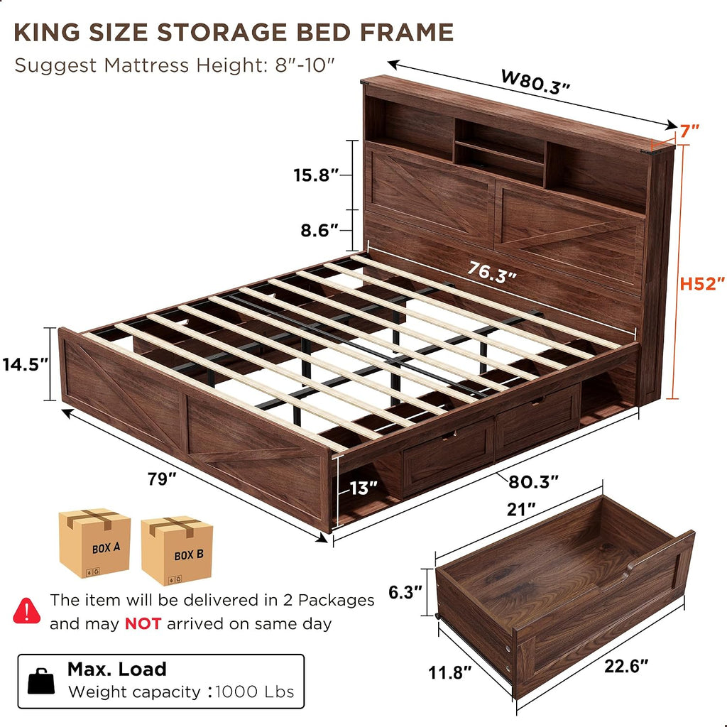 ACCOHOHO Farmhouse King Size Bed Frame with 52' Tall Storage Headboard and LED Light,Wood Platform Bed Frame with 4 Drawers and Charging Station,Solid Wood Slats Support,No Box Spring Needed,Brown