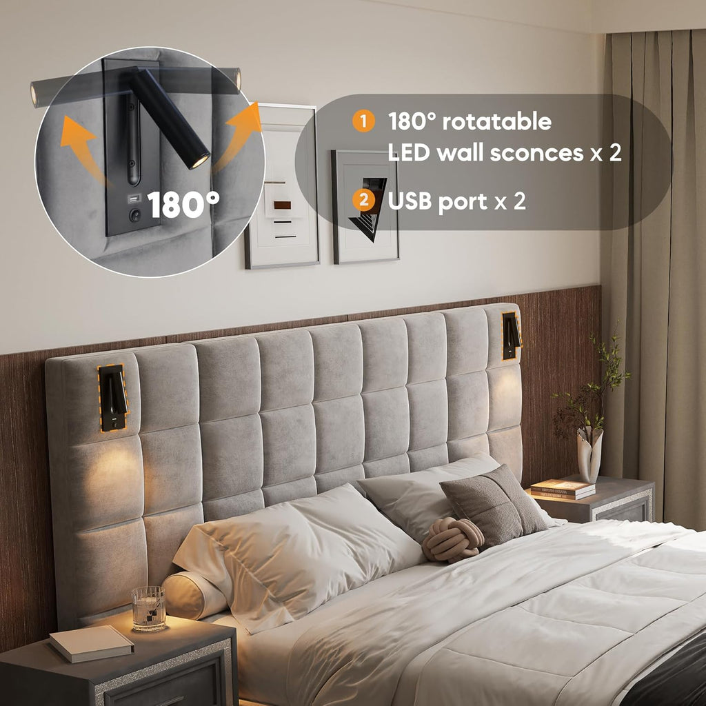 California King Platform Bed Frame with 2 Nightstands Set of 1+2, Velvet Upholstered Bed with Headboard, 2 LED Wall Sconces & USB Ports, No Box Spring Needed, Pearl Grey