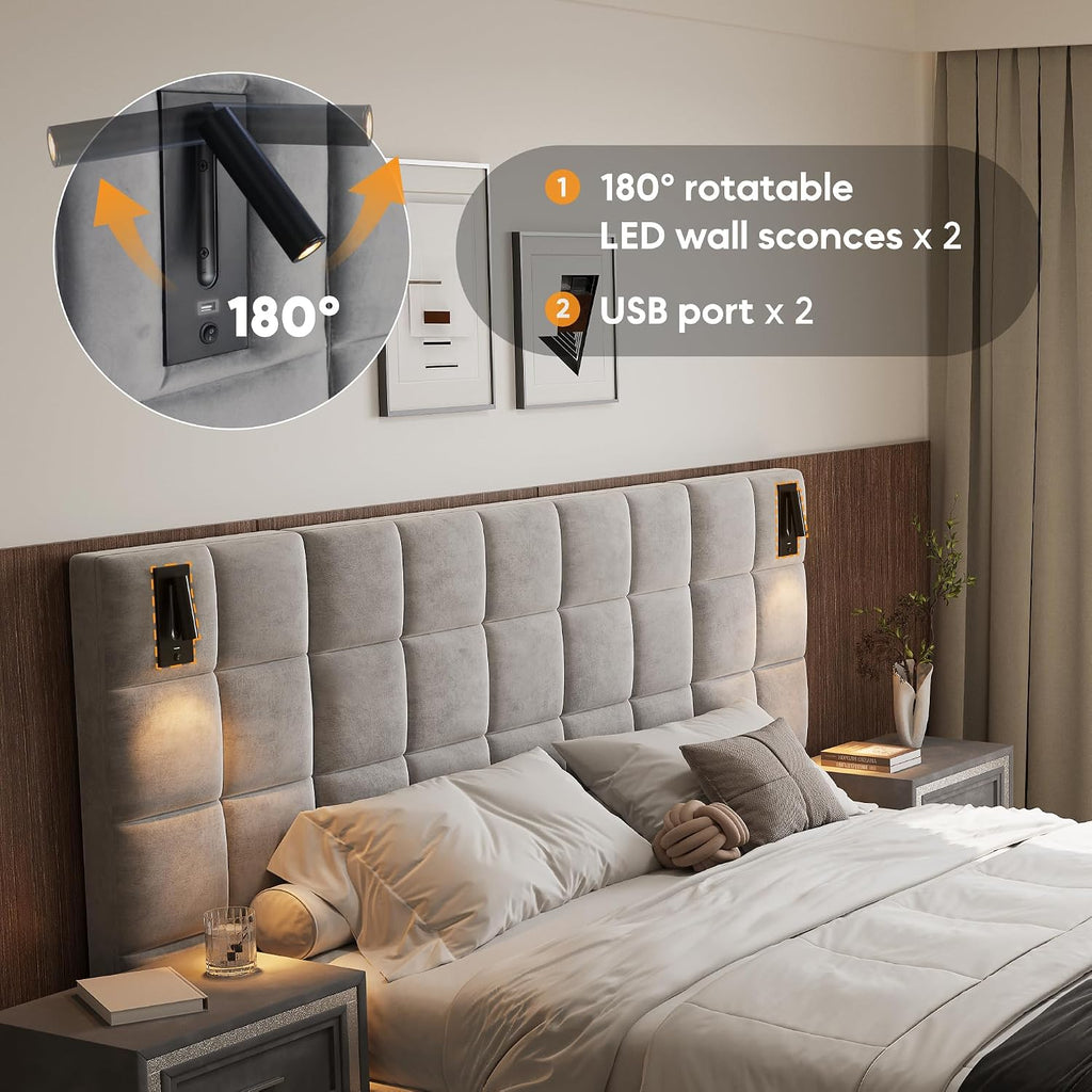 California King Platform Bed Frame, Elegant Velvet Upholstered Bed with Grid Pattern Padded Headboard, 2 LED Wall Sconces & USB Ports, No Box Spring Needed, Easy Assembly, Pearl Grey
