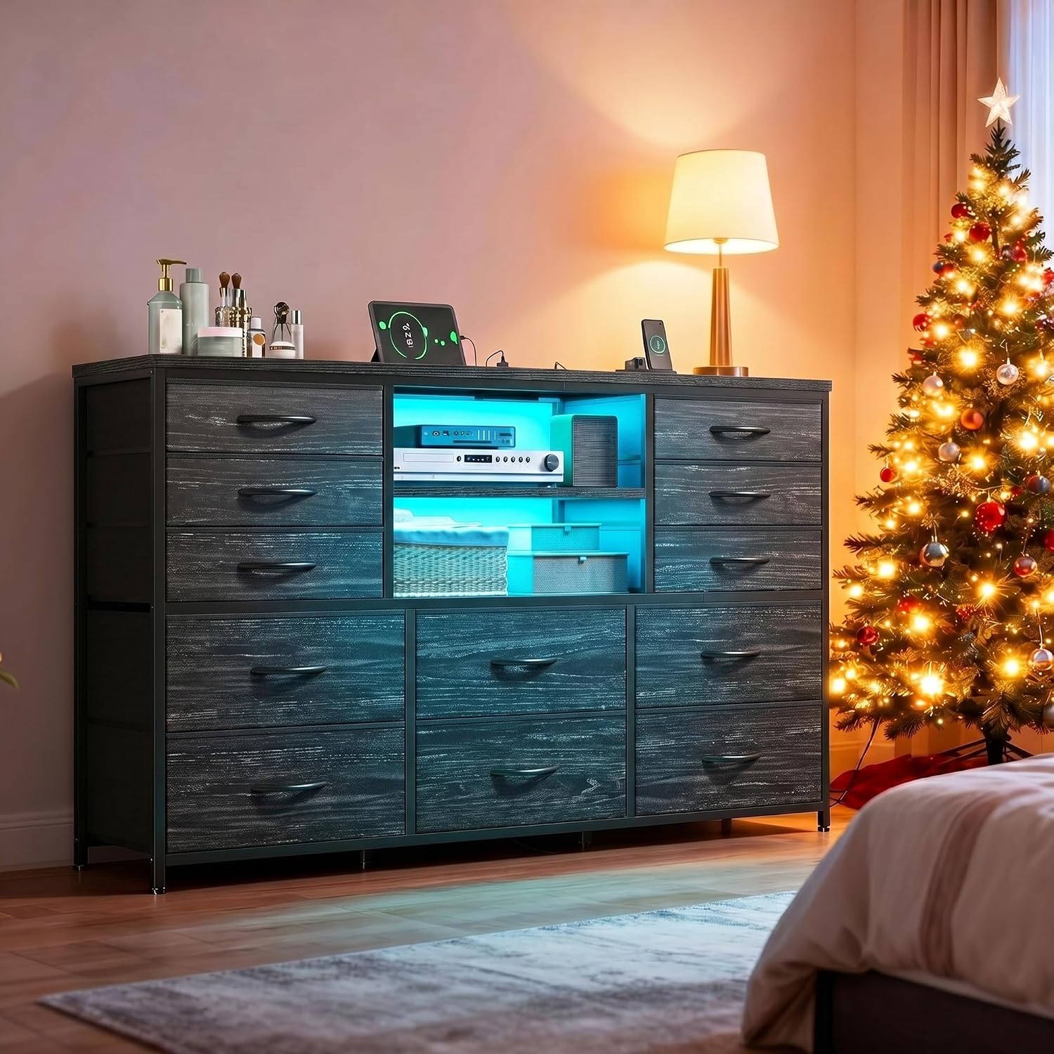 EnHomee 12 Drawers Dresser for Bedroom with LED Lights &Charging Station, TV Stand for 55/60'' TV, Fabric Dressers & Chests of Drawers with 3 Wooden Shelves for Hallway,Sturdy,Grain Black