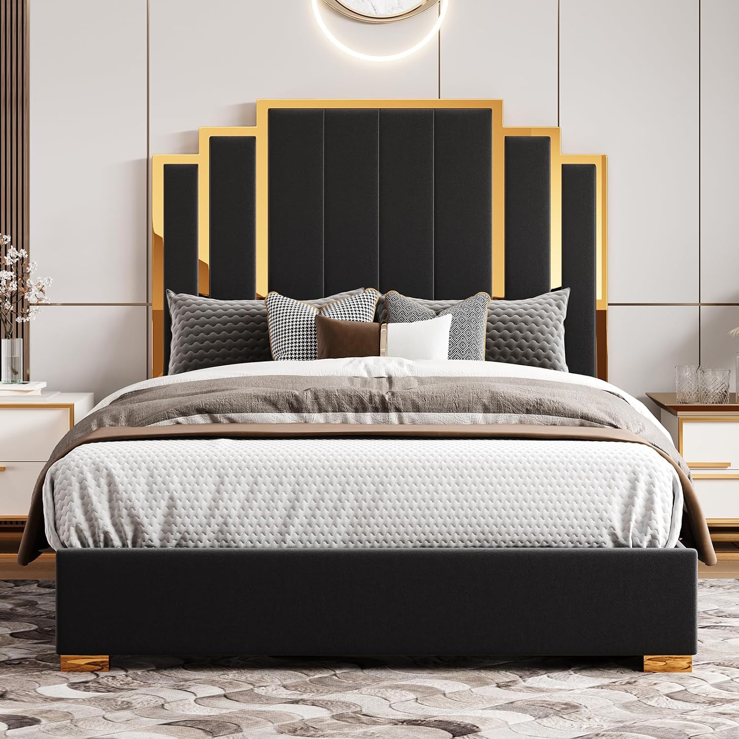 HOWE Queen Size Bed Frame and 61' Headboard, Upholstered Bed with Golden Plating Trim, Modern Platform Bed No Box Spring Needed, Black