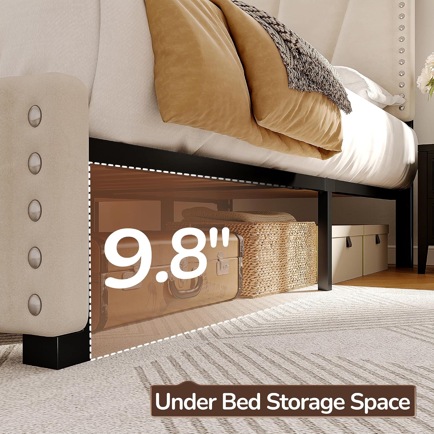 EnHomee Twin Platform Bed Frame with Velvet Upholstered Adjustable Headboard, LED Lights, and Charging Station for Bedroom, Apartment, and Dorm, No Box Spring Needed, Noise-Free, Easy Assembly, Beige
