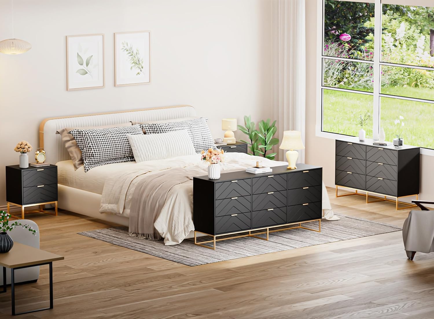 Anbuy Morden 9 Drawer Dresser and Nightstand Sets for Bedroom, 3 Pieces Bedroom Sets Night Stand Set of 2 & 9 Drawer Dresser with Gold Handles, Wood Chest of Drawers Storage Cabinet Set, Green Black