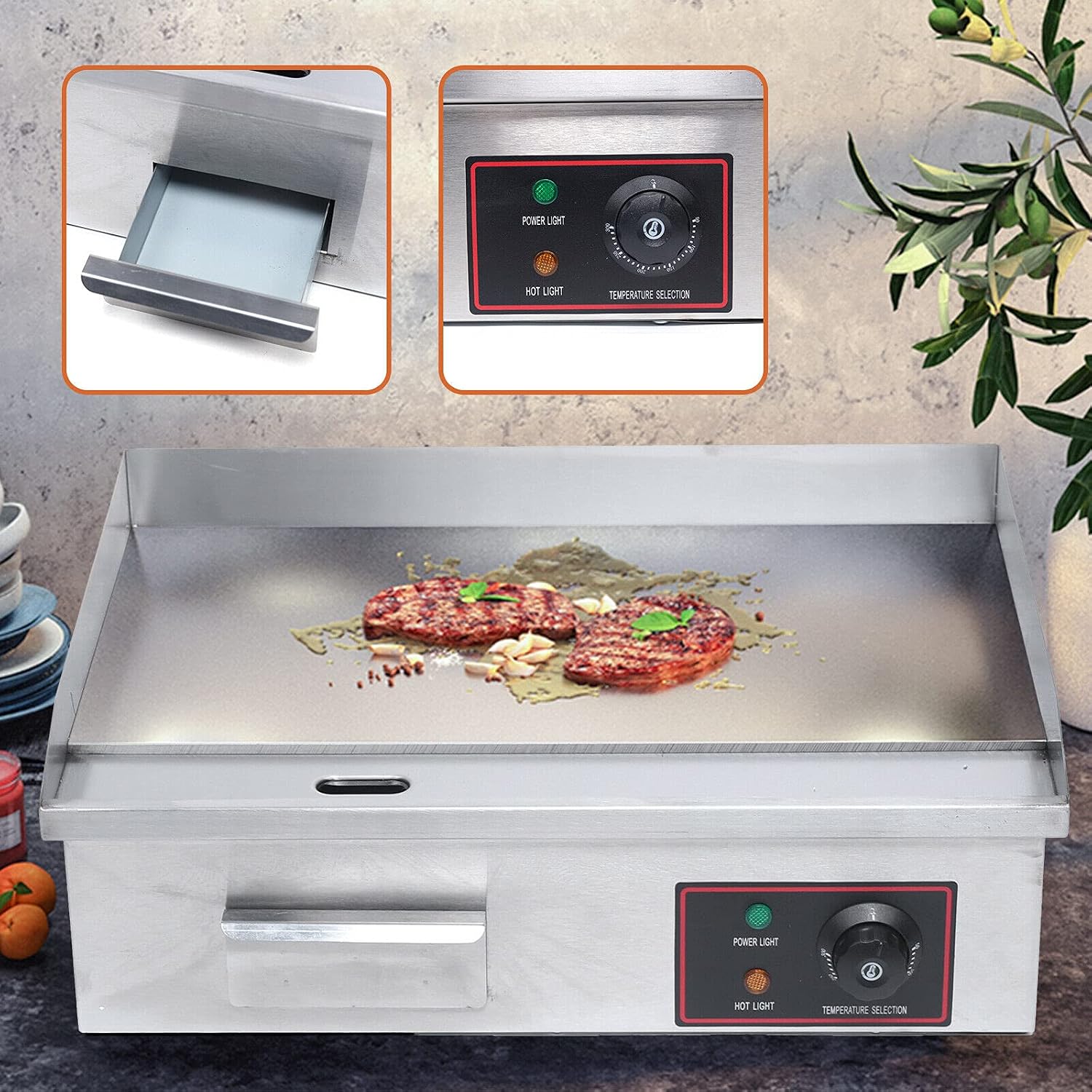 TFCFL Electric Countertop Flat Top Griddle,3KW Commercial Grill Griddle Stove with Adjustable Temperature Control£¬Stainless Steel Teppanyaki Gril for Kitchen
