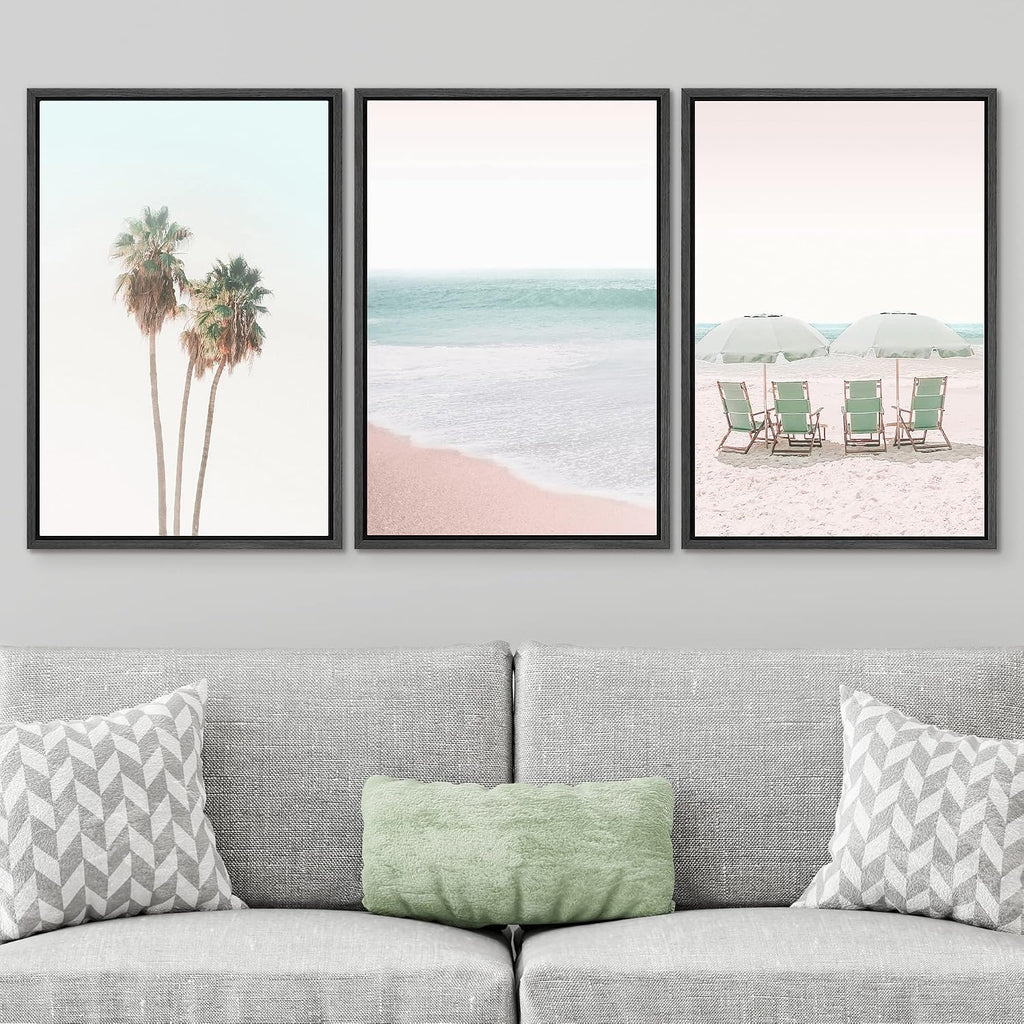 SIGNWIN Framed Canvas Print Wall Art Set Retro Vintage Pastel Tropical Island Beach Nature Wilderness Photography Modern Art Landscape Relax/Calm for Living Room, Bedroom, Office - 24'x36'x3 Black
