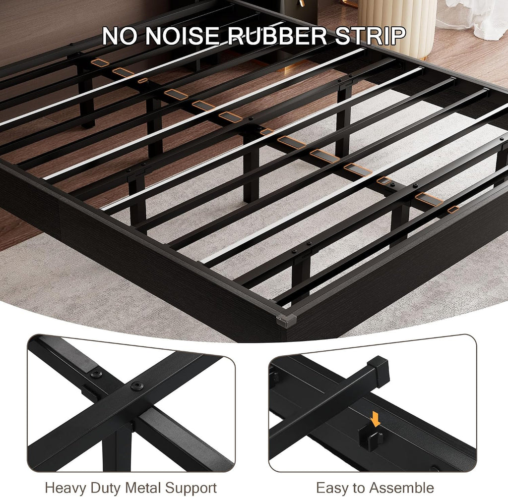 Einhomn Full Size Bed Frame with LED Lights & Charging Station – Kids Wood Floating Bed Frame with Storage Headboard, Adhesive Slats, Kick-Free & Noise-Free Design, Easy Assembly, Black