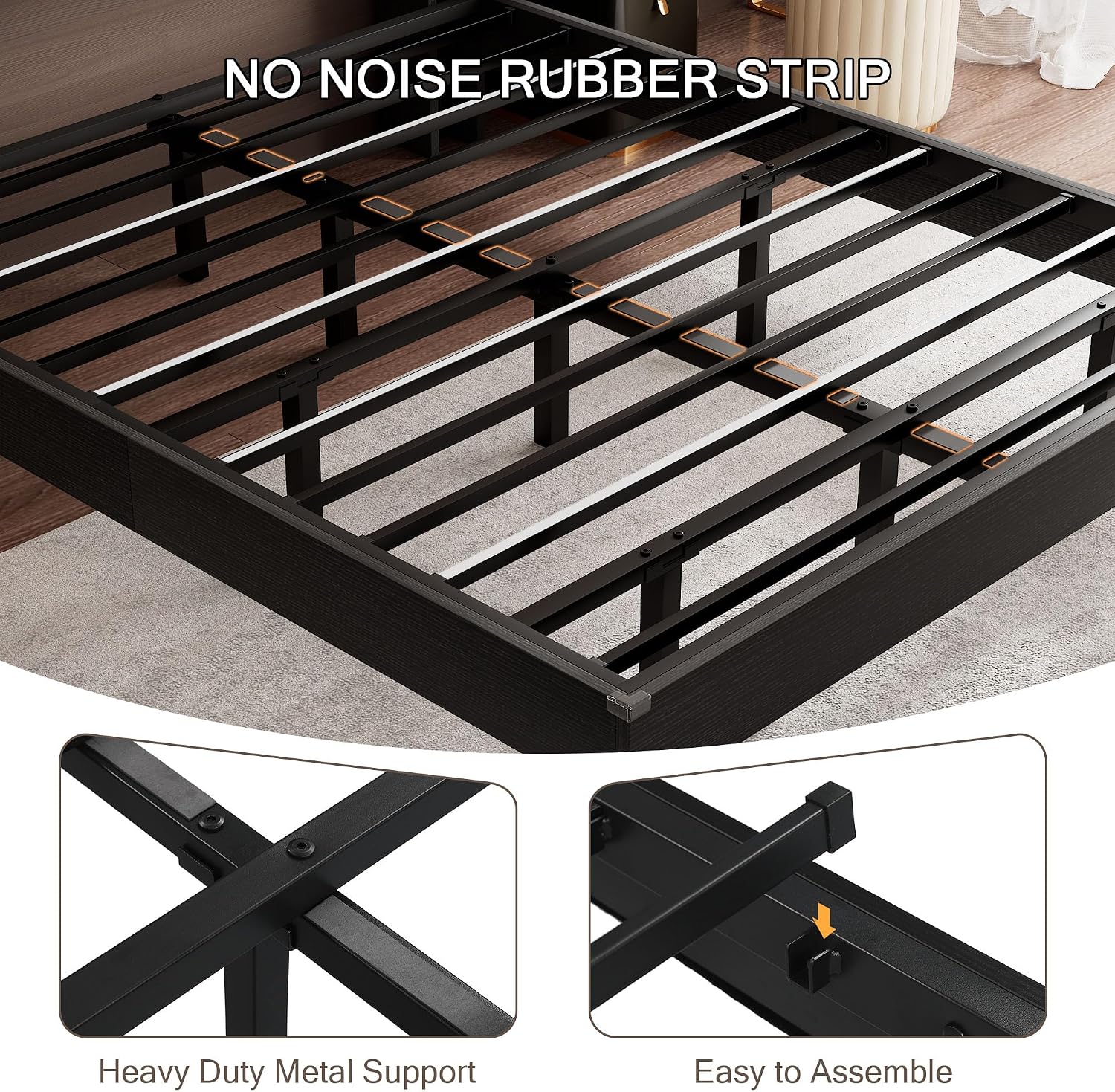 Einhomn Full Size Bed Frame with LED Lights & Charging Station – Kids Wood Floating Bed Frame with Storage Headboard, Adhesive Slats, Kick-Free & Noise-Free Design, Easy Assembly, Black