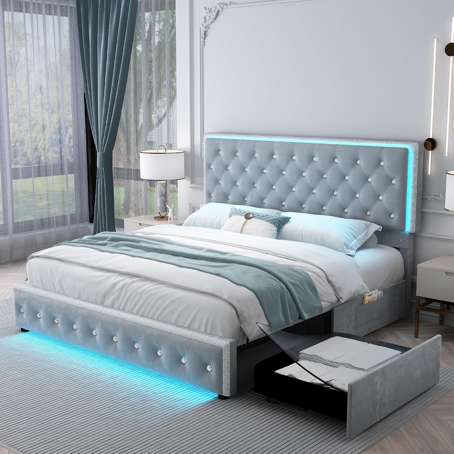 SIBEDS King Led Bed Frame with 2 Drawers, Upholstered Storage Platform Bed Frames with Crystal Button Tufted Headboard, Solid Slats Support, Noise Free, No Box Spring Needed, Velvet Grey
