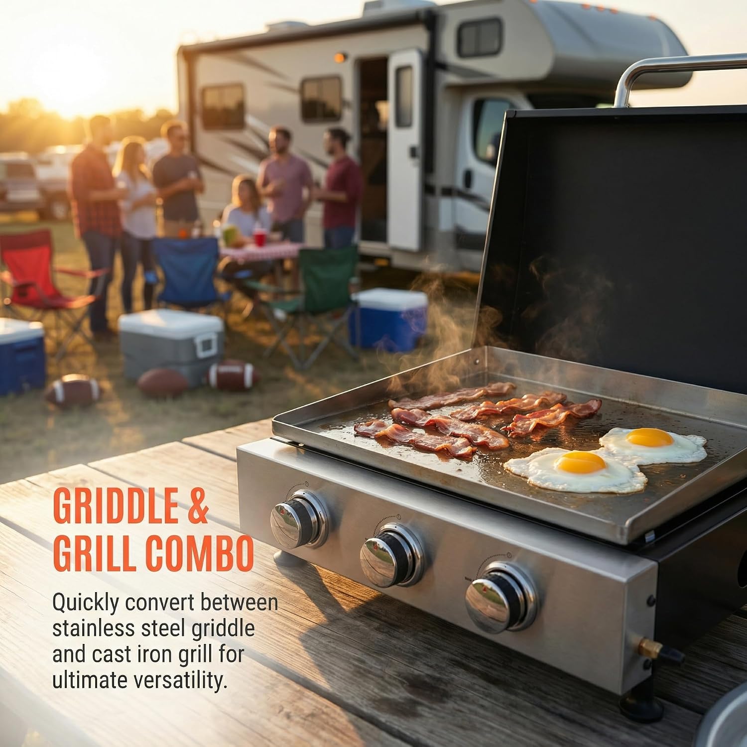 Portable Flat Top Grill, 3 Burner Gas Grill with Cast Iron Grids, 26 IN Tabletop Propane Griddle, 28650BTU High Power & Ceramic Coated Pan, Camping Barbecue and Tailgating Griddle (26 IN)