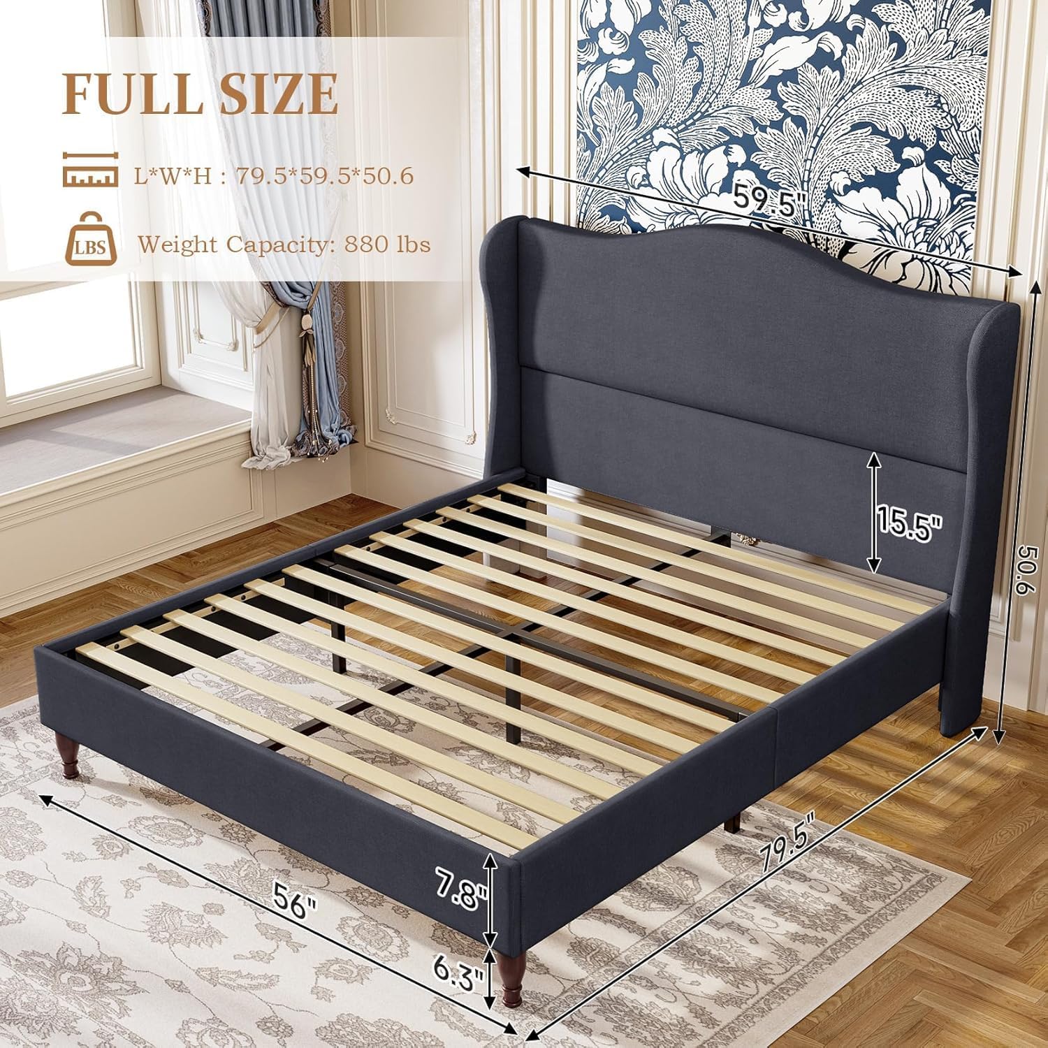 koorlian Full Size Bed Frame Upholstered Platform Bed with 51'' Tall Fabric Headboard and Wooden Slats Support, Retro Minimalist Style/Fully Upholstered/Easy Assembly, Dark Navy