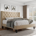 iPormis Queen Platform Bed Frame with Button Tufted Headboard, Upholstered Bed Frame with Solid Wooden Slats, 8' Under-Bed Space, No Box Spring Needed, Easy Assembly, Noise Free, Beige