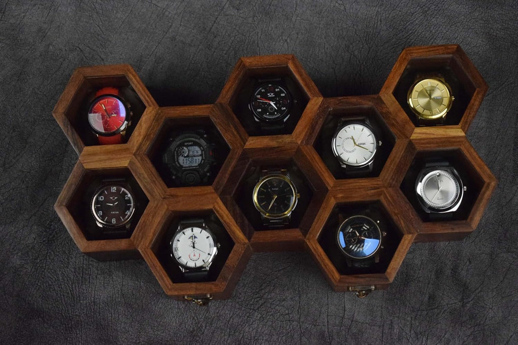Extra Large Superior Rosewood Honeycomb Watch Box Display Case Holder Collector Organizer for Men, Men's Vintage Watch Storage Box to Store and Keep your Watches Safe and Sophisticated.
