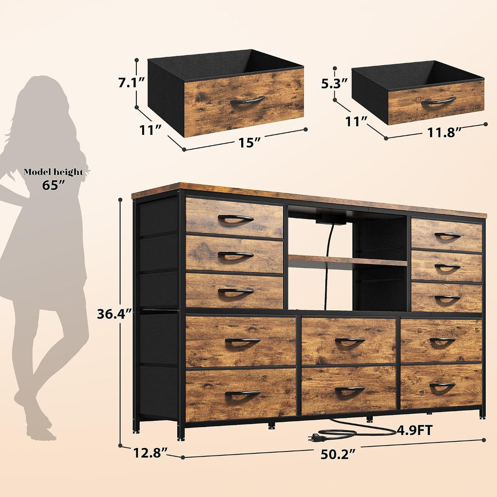 EnHomee 12 Drawers Dresser for Bedroom with LED Lights & Charging Station,TV Stand for 55/60'' TV, Fabric Dressers & Chests of Drawers with 3 Wooden Shelves for Hallway,Sturdy,Rustic Brown