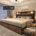 EnHomee King Size Bed Frame with 4 Storage Drawers, King Bed Frame and Headboard with Built in Charging Station,No Noise,No Box Spring Needed,Vintage Brown