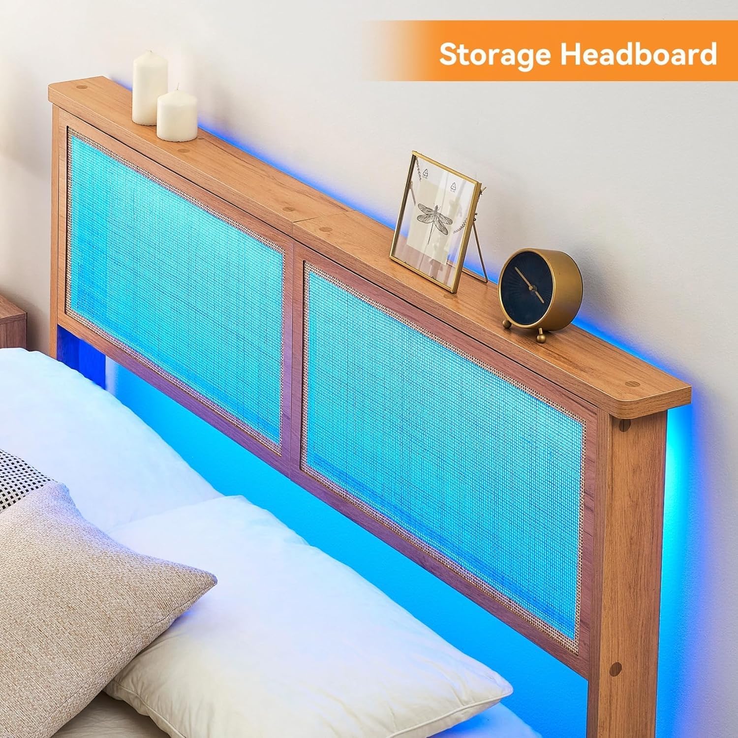coucheta King Size Rattan Bed Frame,Bohemian Rattan King Bed Frame with Natural Headboard, LED Lights,Solid Wood Foundation with Silent Slats,No Box Spring Needed (King)