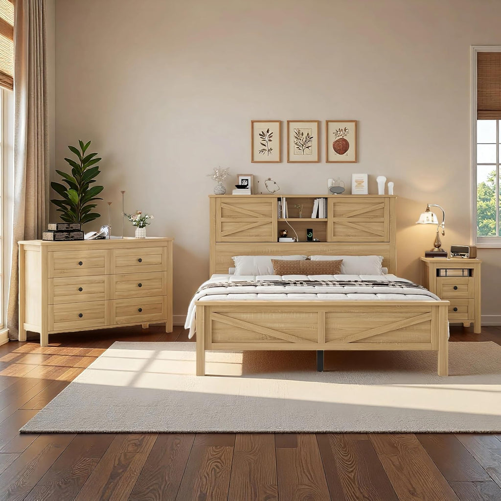 SOFTSEA 3 Pieces Farmhouse Bedroom Set, Full Size Platform Bed with a Nightstand and 6-Drawer Dresser, Wood Platform Bed with Sliding Barn Door Headboard and Charging Station, Natural