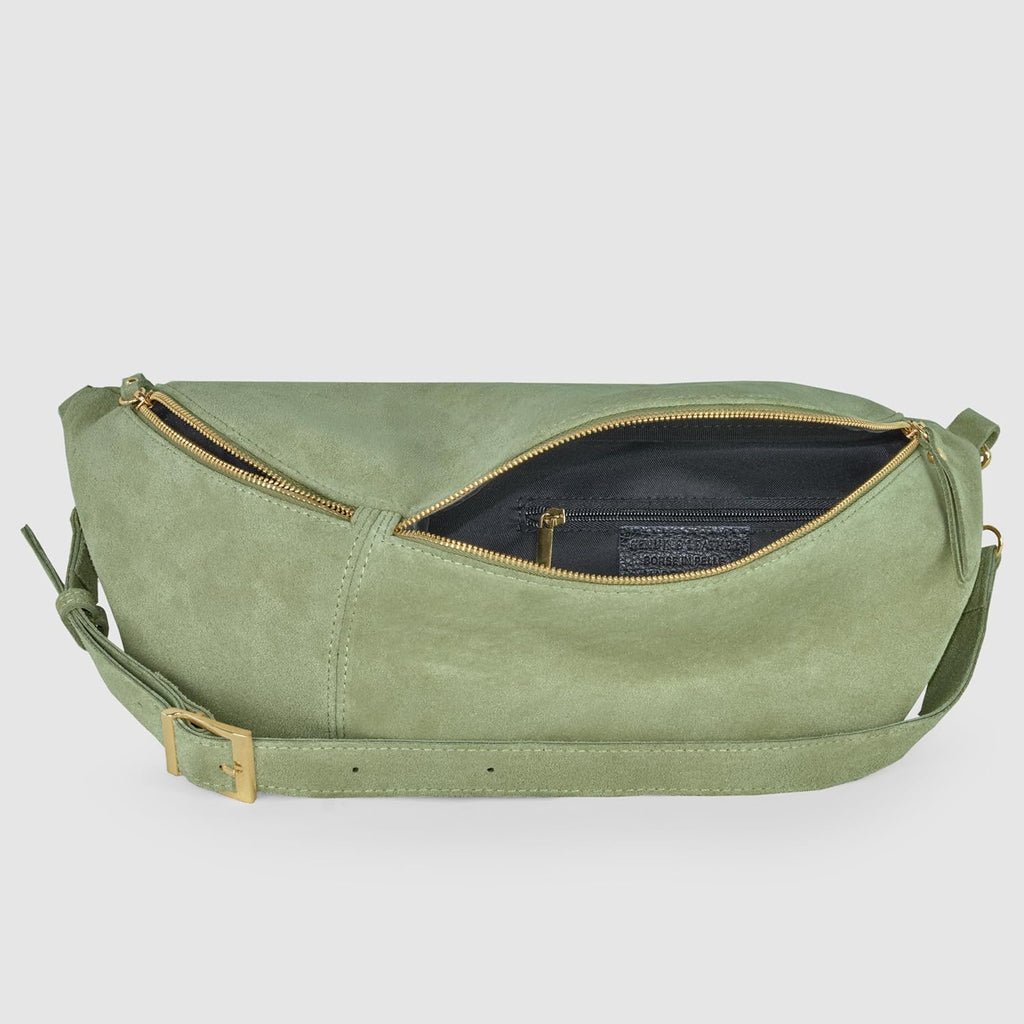Italian Genuine Suede Crossbody Bag for Women with Zipper & Detachable Strap | Large Travel Chest Sling Fanny Pack (Moss)