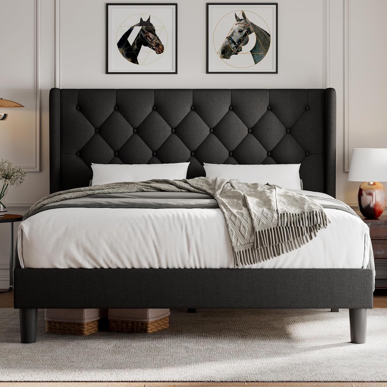 iPormis Full Size Platform Bed Frame with Button Tufted Headboard, Upholstered Bed Frame with Solid Wooden Slats, 8' Underbed Space, No Box Spring Needed, Noise Free, Easy Assembly, Black