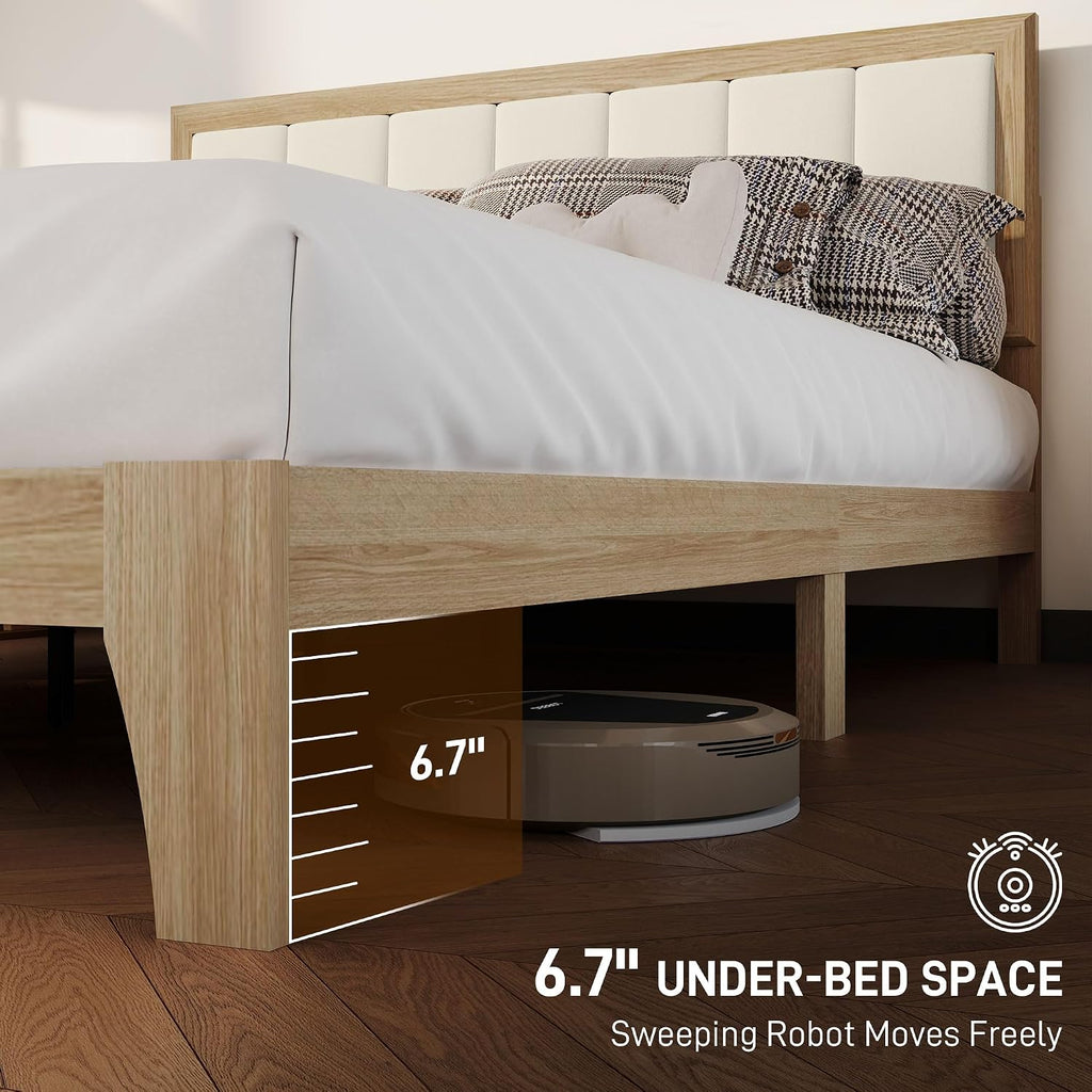 HOMCOM Queen Size Bed Frame with Upholstered Headboard, Platform Bed Frame with Wooden Slats, No Box Spring Needed, Easy Assembly, Natural