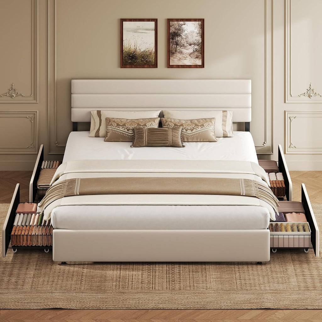 WLIVE King Size Upholstered Bed Frame with 4 Storage Drawers and Headboard, Velvet Platform Bedframe, Sturdy Metal & Wooden Slats Support, No Box Spring Needed, Easy Assembly, Beige