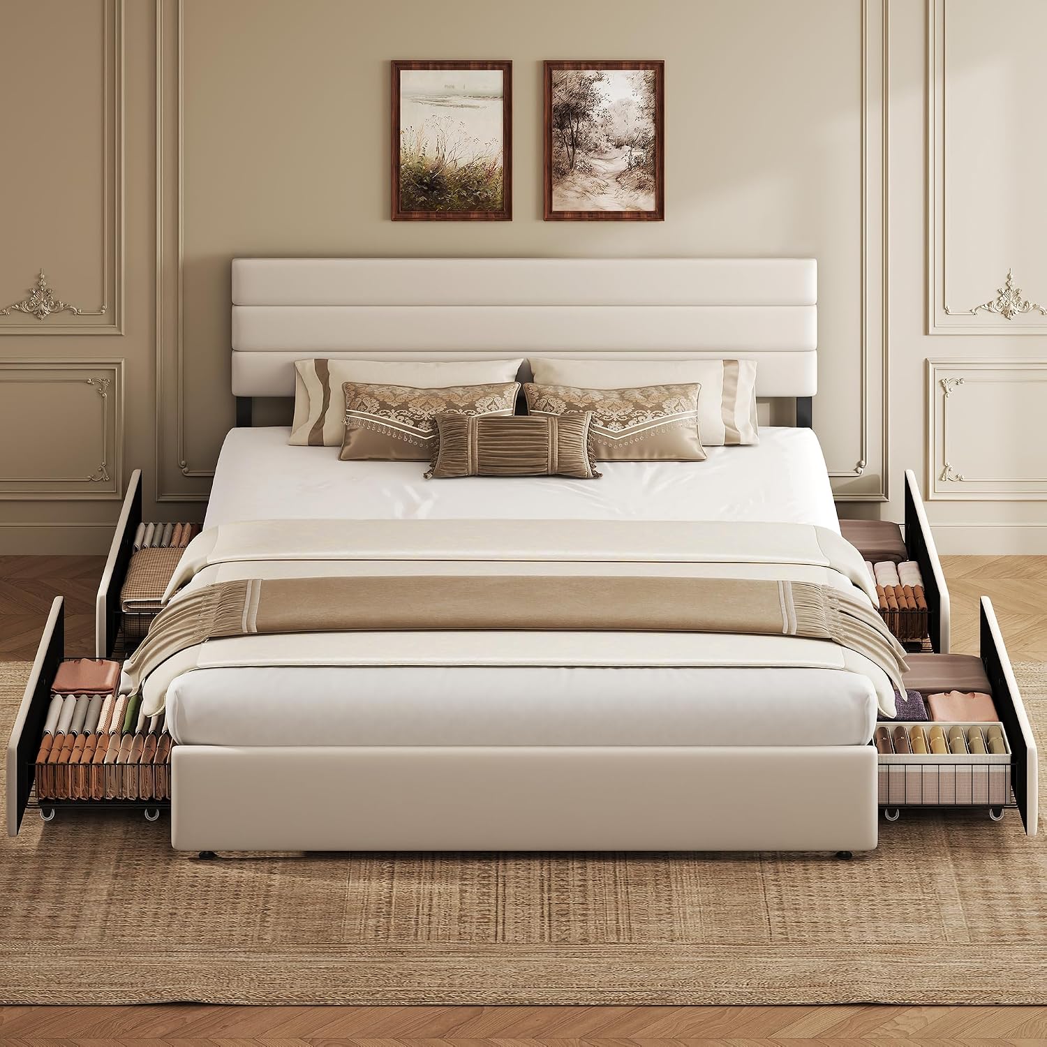 WLIVE King Size Upholstered Bed Frame with 4 Storage Drawers and Headboard, Velvet Platform Bedframe, Sturdy Metal & Wooden Slats Support, No Box Spring Needed, Easy Assembly, Beige
