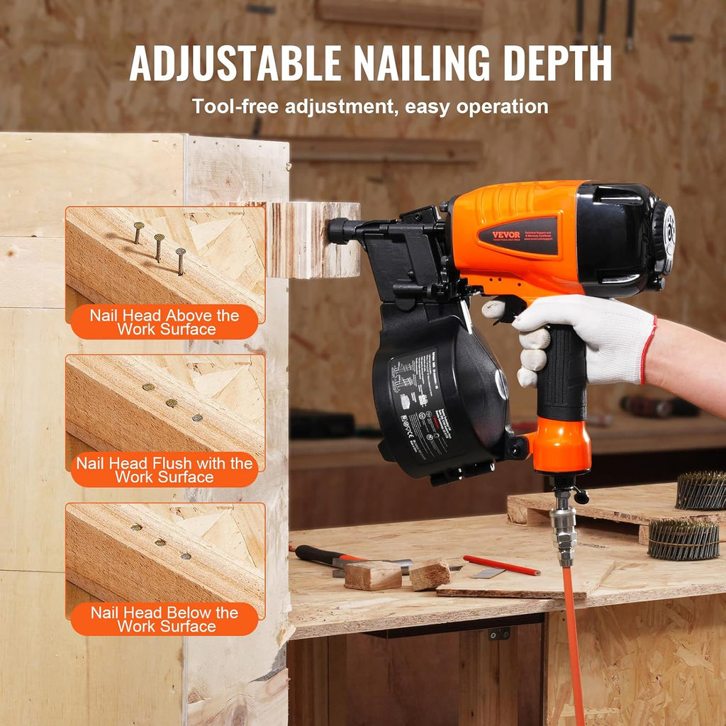 VEVOR Coil Siding Nailer CN65, 1-1/4' to 2-1/2' 15 Degree Pneumatic Siding Nail Gun with Tool-Less Depth Adjustment, 70-120PSI Air Coil Nailer for Siding, Pallet Sheathing, Wooding, Fencing, Decking
